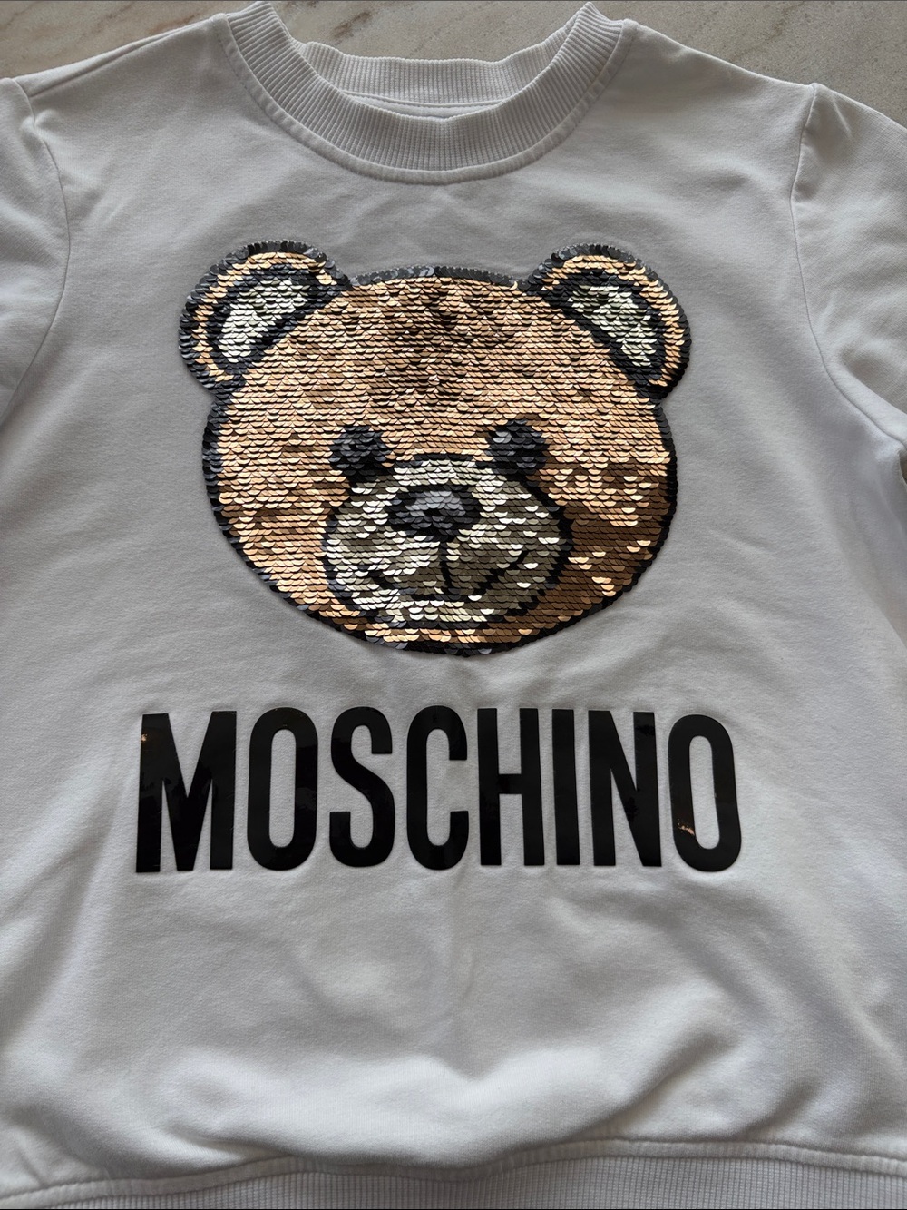 Moschino White Kids Sweatshirt with Gold Sequin Bear